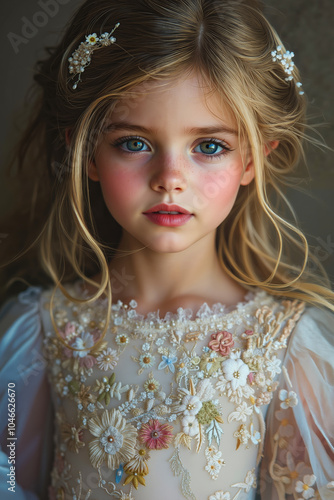 A young girl with blue eyes wearing a white dress photo