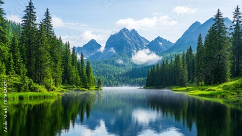 Serene mountain lake reflecting lush pine forests