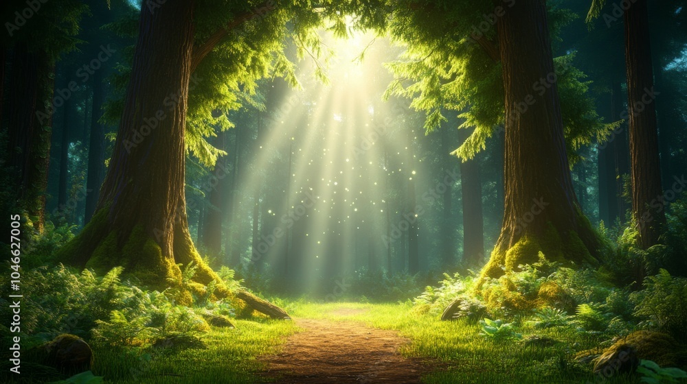 Obraz premium Enchanted forest with sunlight streaming through trees