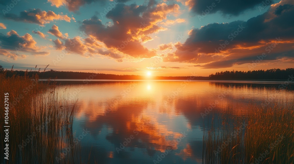 A peaceful lake reflecting a fiery sunset sky. A peaceful lake reflecting a fiery sunset sky.