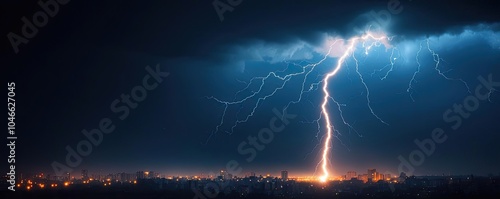 Lightning striking over the city skyline during a dramatic storm at night.