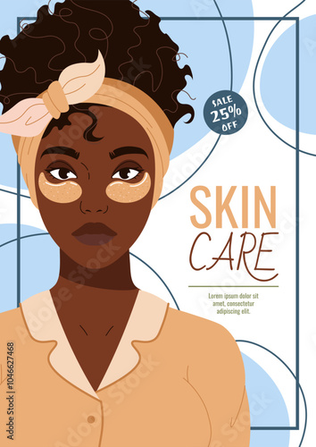 Skin care flyer design. Poster with dark skinned woman with moisturizing eye patches. Facial skin care, skin moisturizing. Banner for beauty salon, spa, etc.