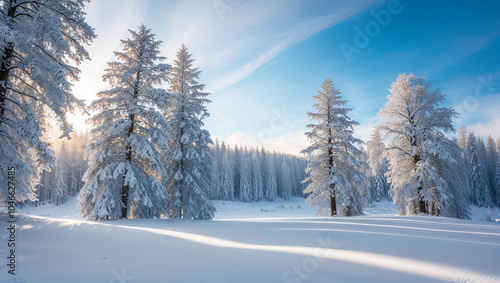 Sun shining through snow covered trees in winter