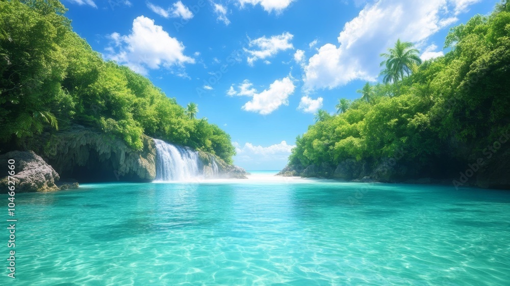 Fototapeta premium Serene tropical lagoon with waterfall and lush greenery