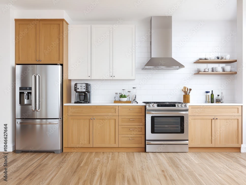 Fototapeta premium Stylish kitchen with cedar cabinets, stainless steel, and wooden floors.