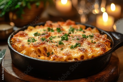 cozy pasta dish, baked feta pasta with a crunchy top, served in a skillet amid candlelight for a cozy, romantic setting