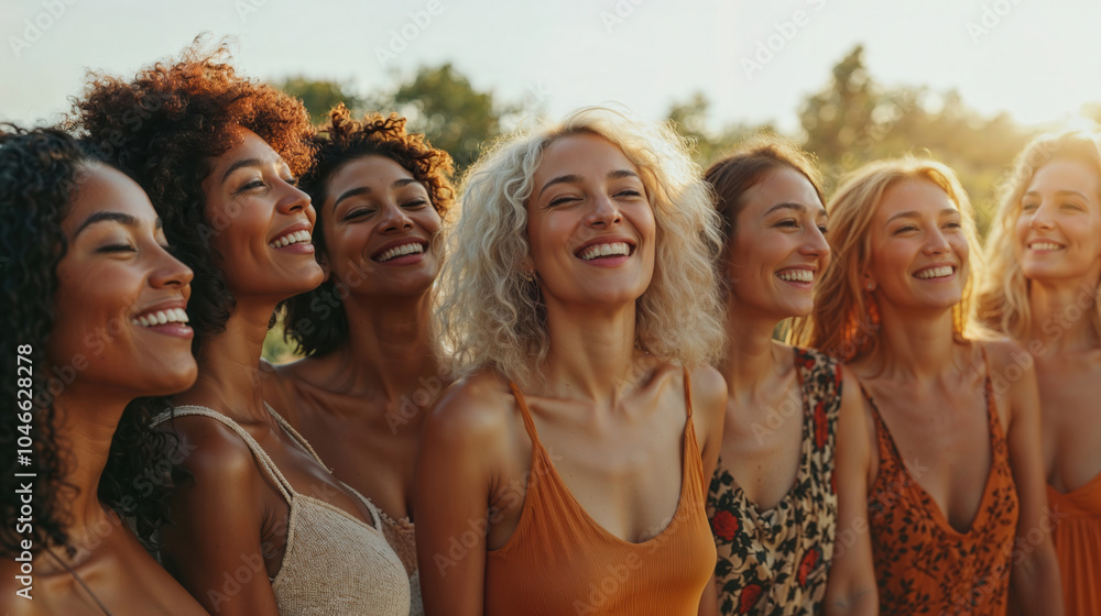 Obraz premium Diverse group of women smiling and posing together outdoors
