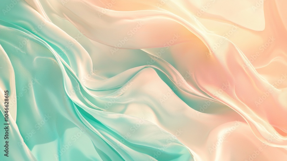 Obraz premium Luxurious fabric in delicate pastel green and peach with soft folds and elegant curves creating a sense of movement and fluidity