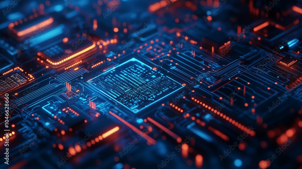 Futuristic Circuit Board with Glowing Microchip, High-Tech Technology, Blue and Orange Lights, Digital Hardware, Advanced Electronics, AI Processor, Cybersecurity Concept, Data Processing Futuristic Circuit Board with Glowing Microchip, High-Tech Technology, Blue and Orange Lights, Digital Hardware, Advanced Electronics, AI Processor, Cybersecurity Concept, Data Processing