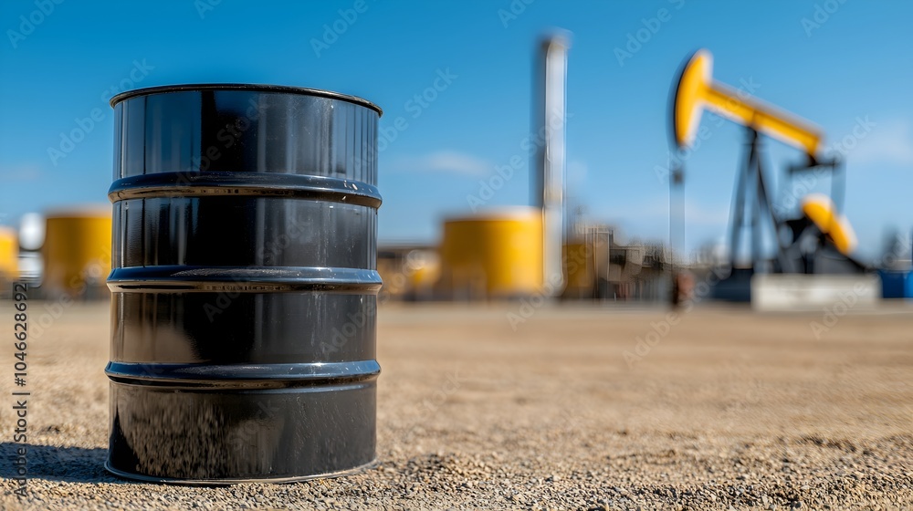 Metallic Oil Barrel Near Pump Jack in Desert Landscape - Industrial Energy Production and Machinery Highlighting Oil Industry Dynamics Metallic Oil Barrel Near Pump Jack in Desert Landscape - Industrial Energy Production and Machinery Highlighting Oil Industry Dynamics