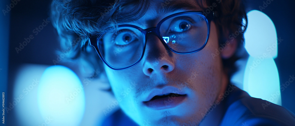 Closeup Portrait of Shocked Young Man with Glasses in Blue Light Closeup Portrait of Shocked Young Man with Glasses in Blue Light