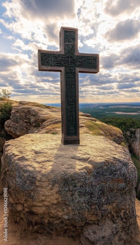 Cross On A Mountain Top With Scenic Valley Views And Cloudy Sky, Spirituality And Religion.