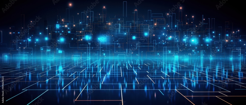 Futuristic digital landscape with glowing blue lines, abstract visualization of technology and innovation. Futuristic digital landscape with glowing blue lines, abstract visualization of technology and innovation.