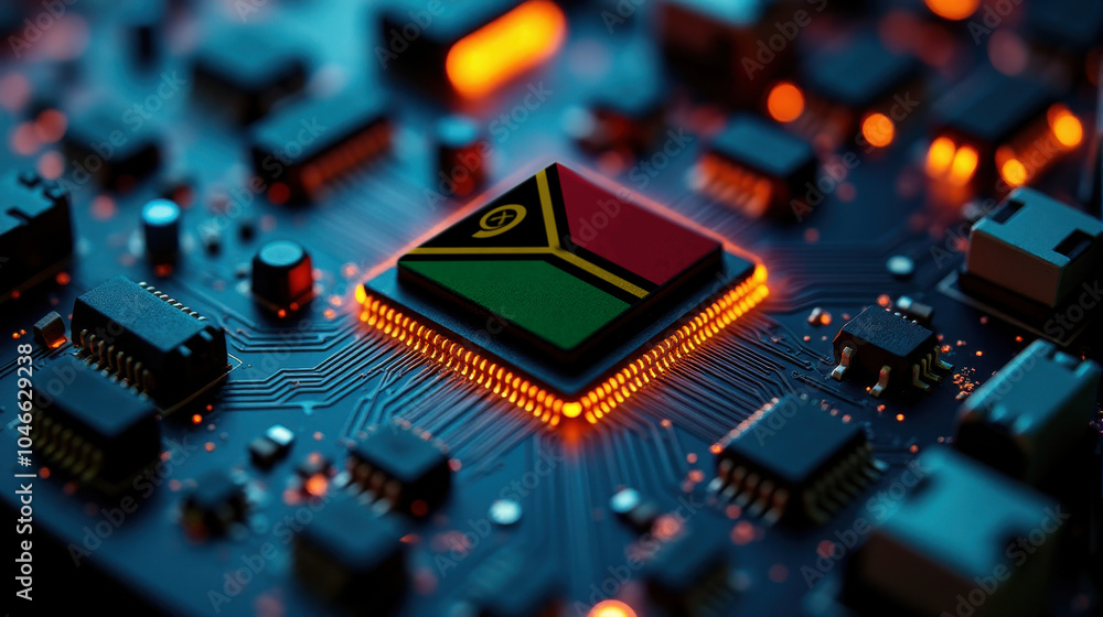 Fototapeta premium A microprocessor with the Vanuatu flag is embedded on a circuit board, highlighted by glowing lights, showcasing influence in global semiconductor and computing technology.