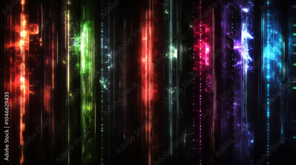 vertical designs with the matrix code, each in different colors of red, green, blue, purple, and black, shiny background vertical designs with the matrix code, each in different colors of red, green, blue, purple, and black, shiny background