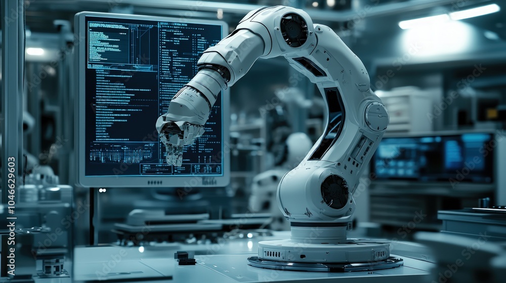 A robotic arm in a modern laboratory, with a computer screen showing code in the background. A robotic arm in a modern laboratory, with a computer screen showing code in the background.