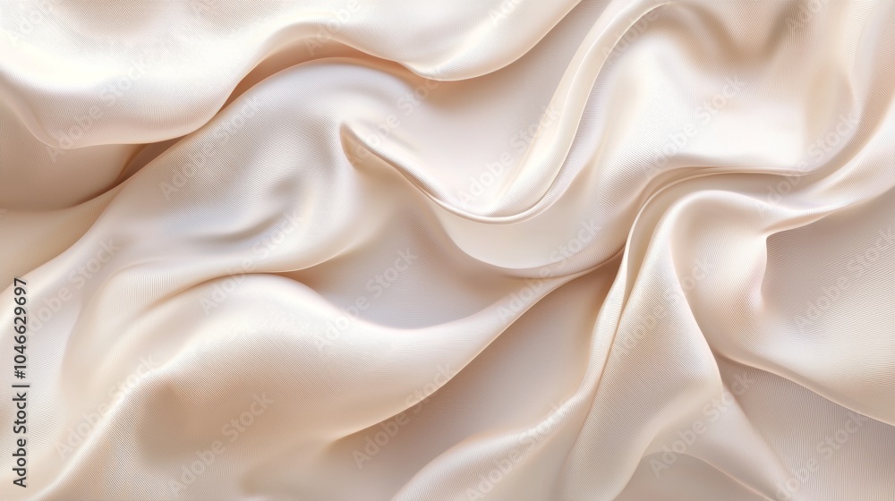 Obraz premium Flowing beige satin fabric with soft folds and delicate wrinkles, perfect for product ads. Luxurious, elegant texture with abstract wave patterns and shiny finish. Lots of copy space for text