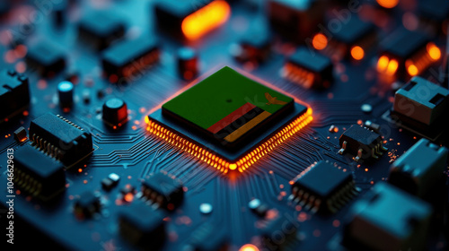 A microprocessor with the Zambia flag is embedded on a circuit board, highlighted by glowing lights, showcasing influence in global semiconductor and computing technology.