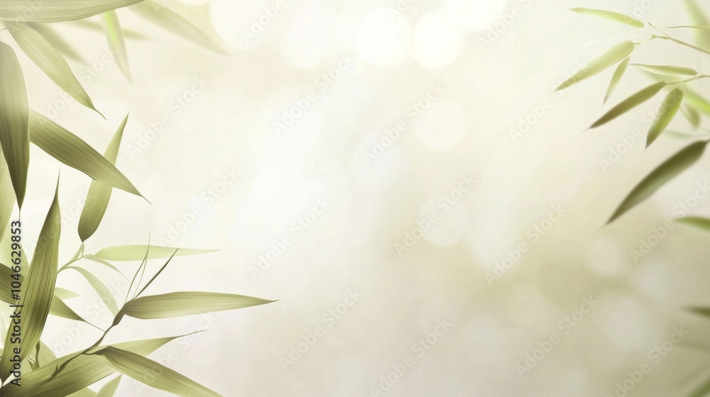 Fototapeta premium Graceful bamboo leaves frame a serene background with soft bokeh, evoking zen and wellness. Perfect for relaxation, mindfulness, and a sense of balance in design