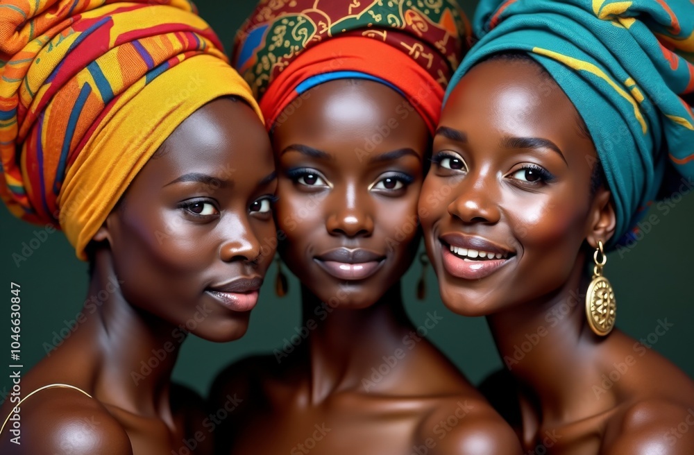 Three smiling women wearing colorful headwraps in yellow, red, and green patterns, showcasing traditional African beauty and cultural pride Three smiling women wearing colorful headwraps in yellow, red, and green patterns, showcasing traditional African beauty and cultural pride