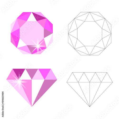 Pink gemstone icon. Faceted diamond shape. Gem vector illustration. Geometric jewel symbol.