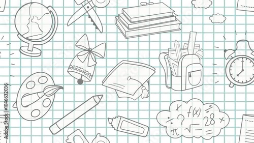 Videophone on checkered paper with school supplies. Briefcase, palette, bell, cap, pencil, scissors
