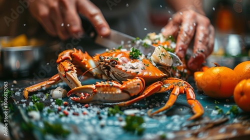 In a warm kitchen, a chef expertly slices into a bright orange crab, surrounded by fresh herbs and oranges, showcasing culinary creativity and freshness photo