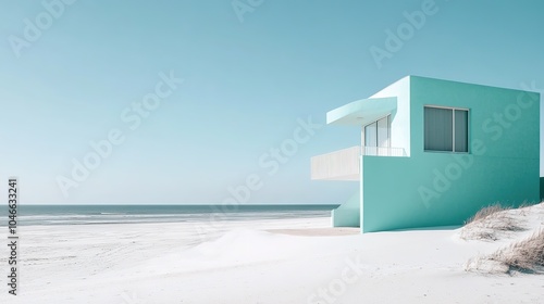 Modern Mint-Colored Beachfront House on the Ocean’s Edge Surrounded by Snow-White Sands Extending to the Horizon