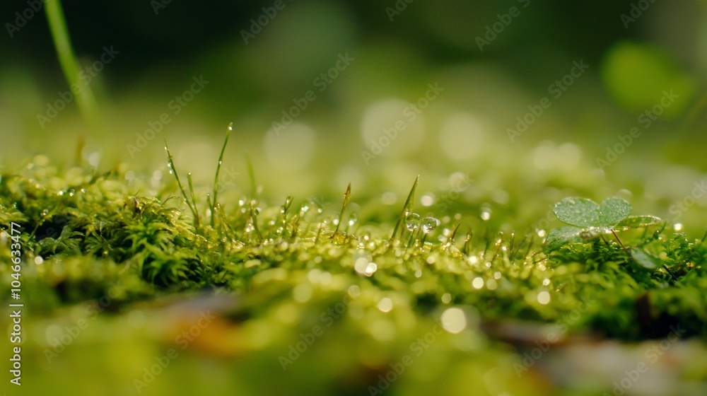 Closeup view of sparkling water droplets clinging to vibrant green moss and blades of grass, illuminated by the warm glow of the morning sun Closeup view of sparkling water droplets clinging to vibrant green moss and blades of grass, illuminated by the warm glow of the morning sun