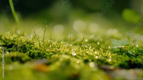 Closeup view of sparkling water droplets clinging to vibrant green moss and blades of grass, illuminated by the warm glow of the morning sun