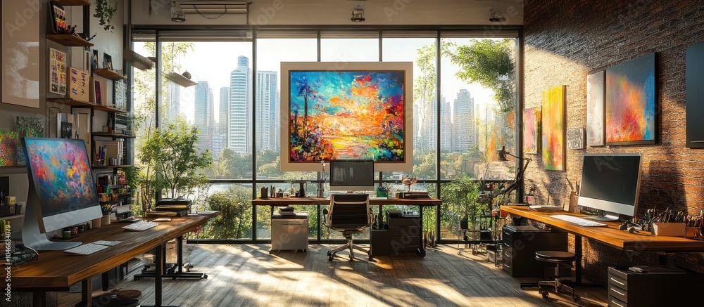 Modern loft studio with two desks, computers, and city view. Modern loft studio with two desks, computers, and city view.