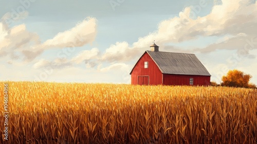 A cozy barn surrounded by fields of golden cornstalks.