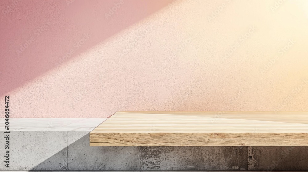Empty wooden table against a soft pink wall, lit by a gentle beam of light. Perfect for showcasing products in a modern, clean design. Ideal for various interior settings Empty wooden table against a soft pink wall, lit by a gentle beam of light. Perfect for showcasing products in a modern, clean design. Ideal for various interior settings