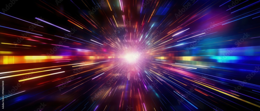 Naklejka premium A vibrant burst of light and color depicting cosmic energy and motion, perfect for illustrations of space and technology.