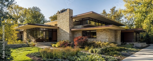 Stucco and tan stone facade embody the charm of a Midwest suburban residence.