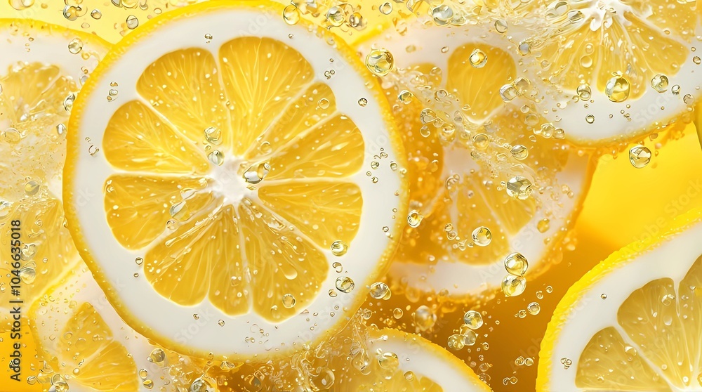 Fresh lemon slices in sparkling water create refreshing and vibrant scene Fresh lemon slices in sparkling water create refreshing and vibrant scene