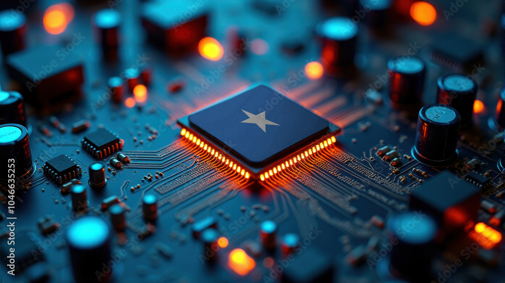 A Somalia flagged microchip is centered on a circuit board, surrounded by illuminated components, symbolizing role in semiconductor innovation and technology leadership. A Somalia flagged microchip is centered on a circuit board, surrounded by illuminated components, symbolizing role in semiconductor innovation and technology leadership.