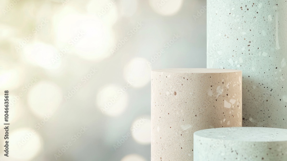 Three terrazzo podiums of different heights are displayed over a blurred background with bokeh, perfect for showcasing products Three terrazzo podiums of different heights are displayed over a blurred background with bokeh, perfect for showcasing products