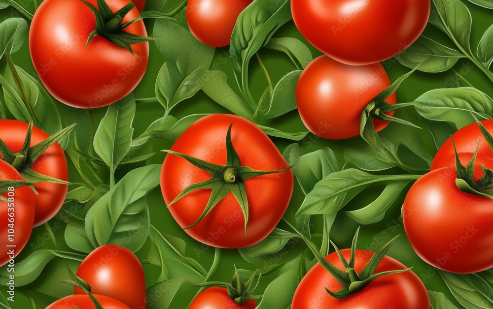 Fresh Red Tomatoes on Green Vine - A Vibrant Display of Nature's Bounty, tileable seamless texture pattern for packaging Fresh Red Tomatoes on Green Vine - A Vibrant Display of Nature's Bounty, tileable seamless texture pattern for packaging