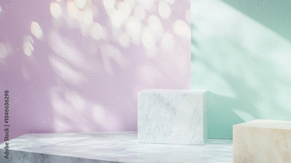 Modern marble podium on a pastel background with a tree shadow, perfect for showcasing products in a luxurious way. Customize and create with this elegant setup for beauty and fashion photography Modern marble podium on a pastel background with a tree shadow, perfect for showcasing products in a luxurious way. Customize and create with this elegant setup for beauty and fashion photography