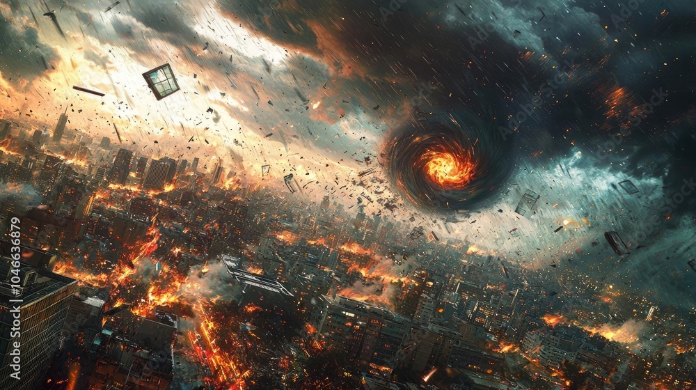 Fototapeta premium Catastrophic event, cityscape engulfed in chaos, dark stormy sky.