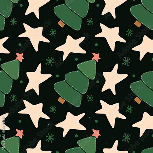 Seamless pattern of Christmas products and gifts. A playful, modern hand-drawn drawing. Soft toys made of fabric.