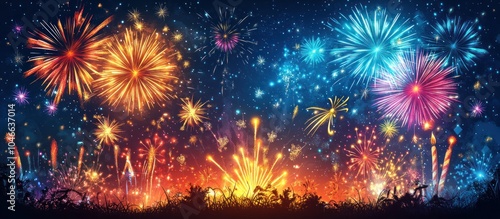 Colorful fireworks display exploding over a crowd of people silhouetted against the night sky.