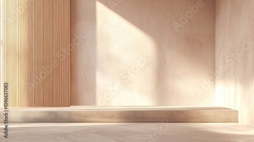 Fototapeta Naklejka Na Ścianę i Meble -  Sun is shining through the window and illuminating an empty room with a wooden platform, creating an ideal space for product placement