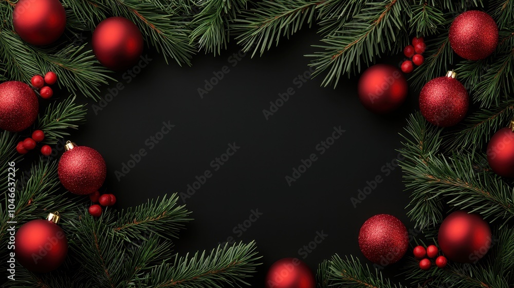 A festive arrangement featuring red ornaments and green pine branches on a dark background, perfect for holiday celebrations. A festive arrangement featuring red ornaments and green pine branches on a dark background, perfect for holiday celebrations.