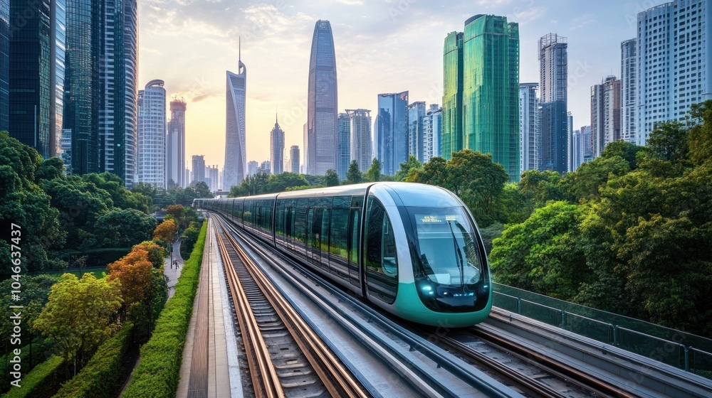 Naklejka premium A modern electric train travels on a elevated track in a modern city, with skyscrapers and green trees in the background.