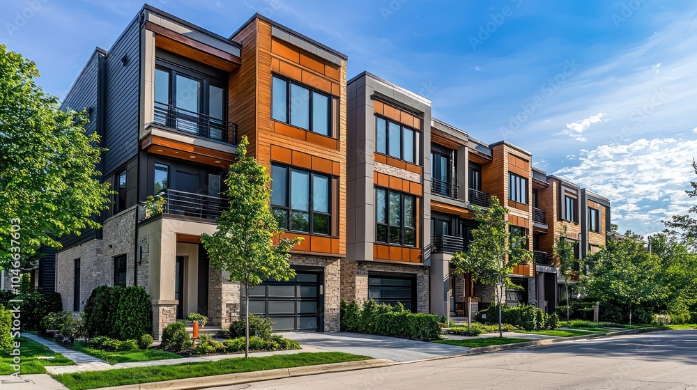 Modern design highlights a new townhouse set in a suburban neighborhood. Modern design highlights a new townhouse set in a suburban neighborhood.
