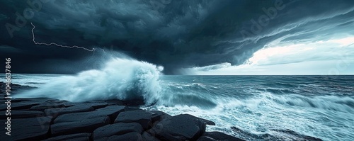 Dramatic ocean waves crashing against rocks under dark stormy skies. photo