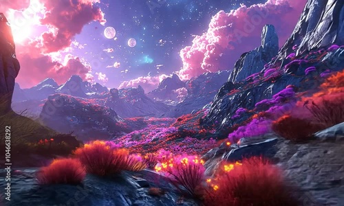 A vibrant alien landscape with colorful flora and celestial bodies.