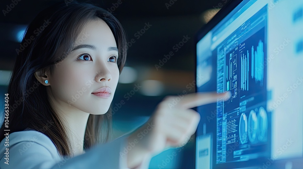 Asian woman pointing at monitor screen Asian woman pointing at monitor screen